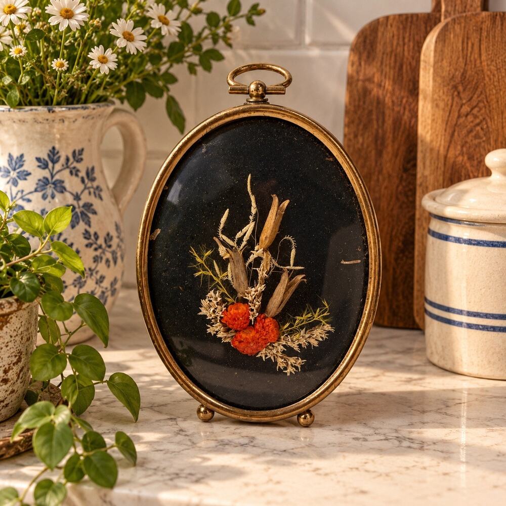 Vintage Mini Brass Dried Flower Cottagecore Convex Frame Farmhouse Wall Art